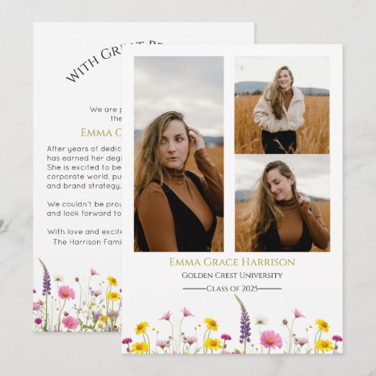 Wildflower Afstuderen Aankondiging met Foto's (Voorkant / Achterkant)