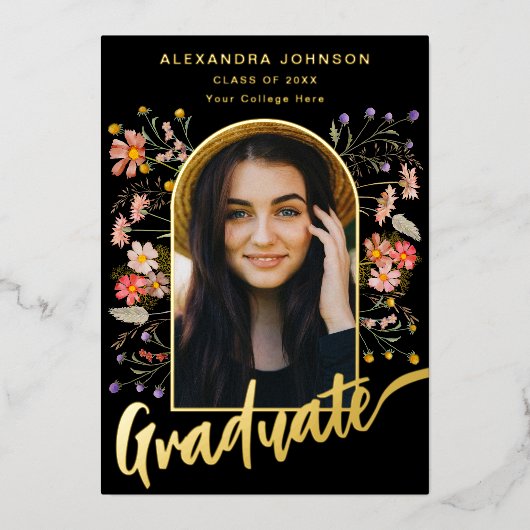 Wildflower Afstuderen Foto Afstuderen Script Gold Folie Uitnodiging (Voorkant)
