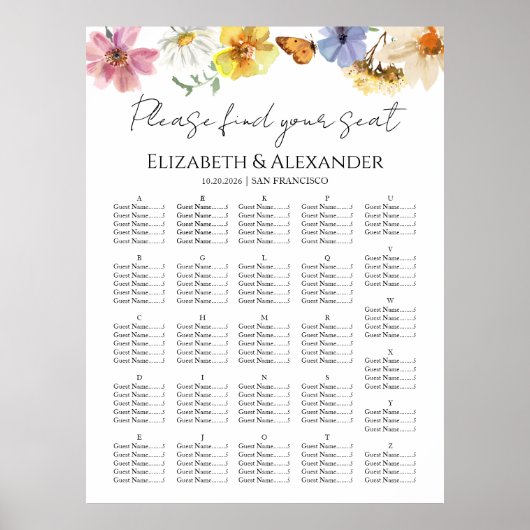 Wildflower alfabetische bruiloft zitgrafiek poster (Voorkant)