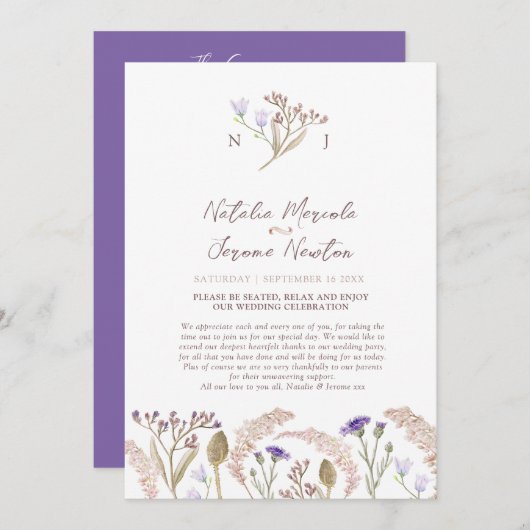 Wildflower and grasses watercolor wedding program programmakaart (Voorkant / Achterkant)