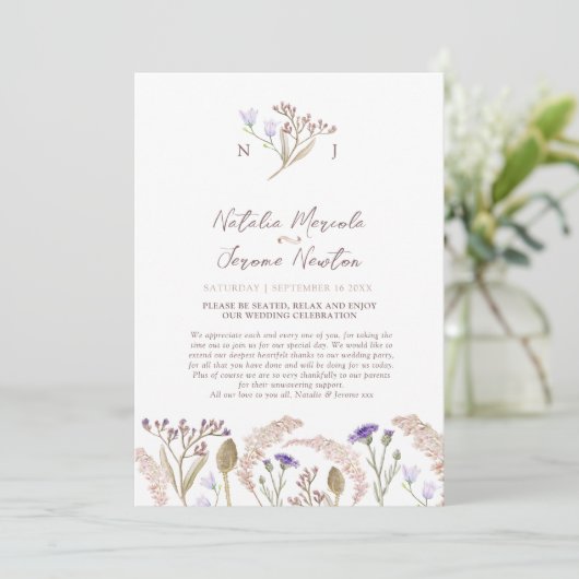 Wildflower and grasses watercolor wedding program programmakaart (Staand voorkant)