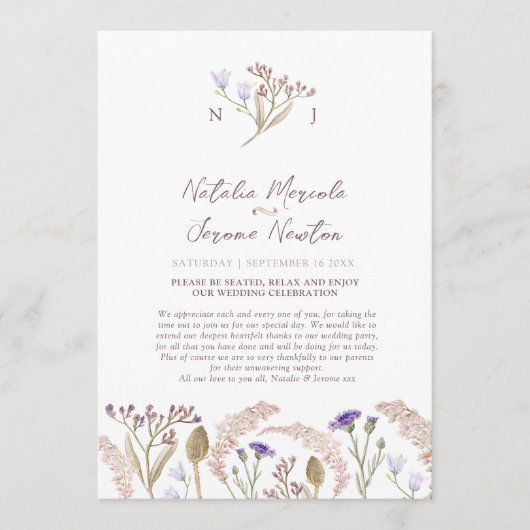 Wildflower and grasses watercolor wedding program programmakaart (Voorkant)