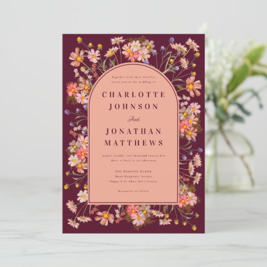 Wildflower Arch Bourgondië Fall Wedding Kaart (Staand voorkant)