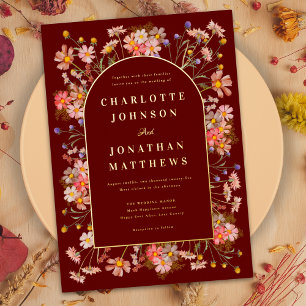 Wildflower Arch Fall Wedding Bourgogne Goud Folie Uitnodiging
