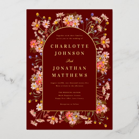 Wildflower Arch Fall Wedding Bourgogne Goud Folie Uitnodiging (Voorkant)
