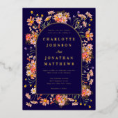 Wildflower Arch Navy Blue Fall Wedding Gold Folie Uitnodiging (Voorkant)