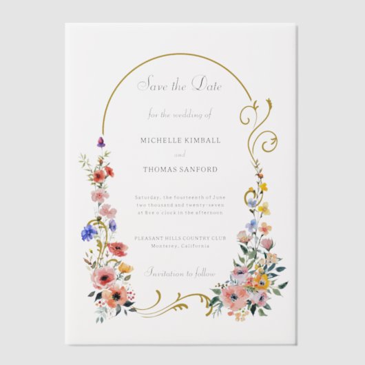 Wildflower Arch Wedding Save the Date Vellum Uitnodigingen (Voorkant)