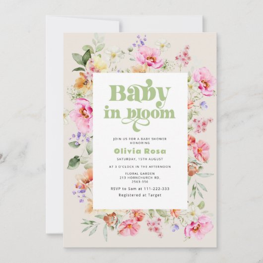 Wildflower baby in bloei baby meisje douche kaart (Voorkant)