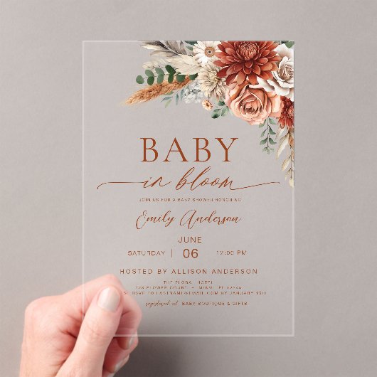 Wildflower Baby in Bloom Autumn Baby shower Acryl Uitnodigingen (Insitu (Draagbaar))