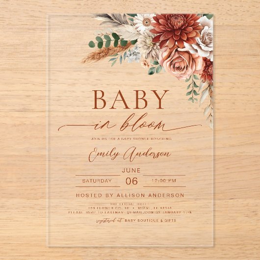 Wildflower Baby in Bloom Autumn Baby shower Acryl Uitnodigingen (Voorkant)