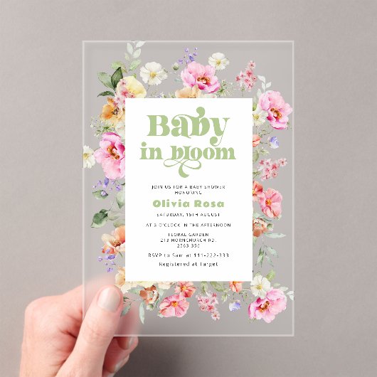 Wildflower Baby in Bloom Baby shower Acryl Uitnodigingen (Insitu (Draagbaar))