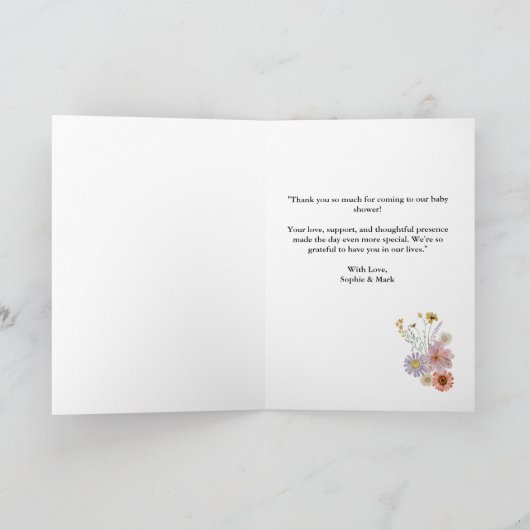 Wildflower baby in bloom baby shower bedankkaart (Binnen)