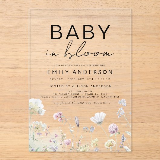 Wildflower Baby in Bloom Baby shower Boho Garden Acryl Uitnodigingen (Voorkant)