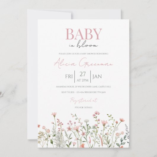 Wildflower Baby in Bloom Baby Shower Invitation Kaart (Voorkant)
