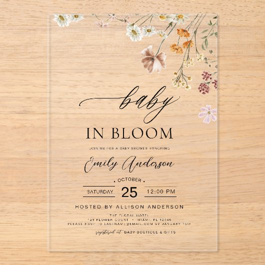 Wildflower Baby in Bloom Baby shower Tuin Acryl Uitnodigingen (Voorkant)