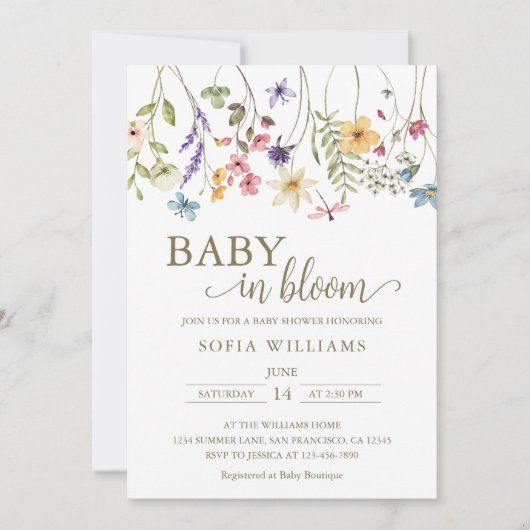 Wildflower Baby in Bloom Baby shower Uitnodiging (Voorkant)