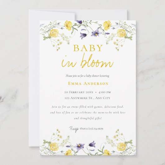 Wildflower Baby in bloom baby shower Uitnodiging (Voorkant)