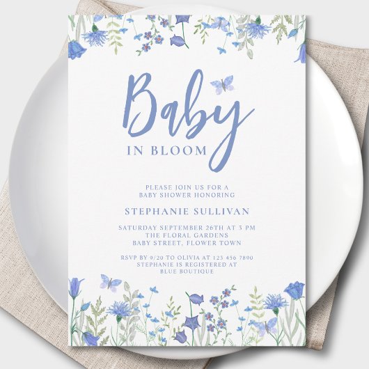 Wildflower Baby in Bloom Blue Baby shower Kaart