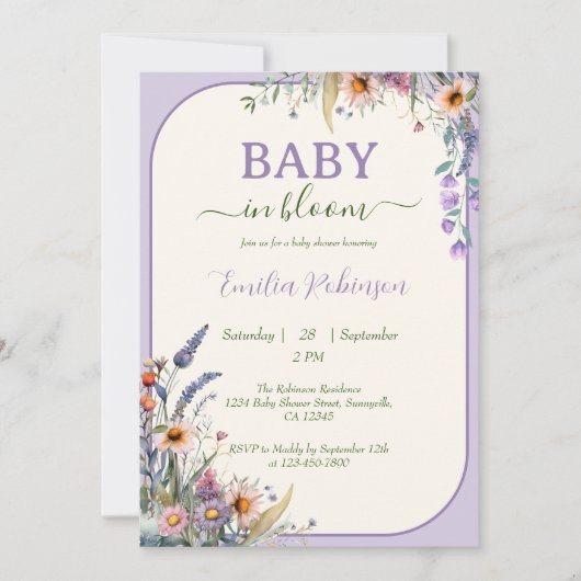 Wildflower Baby in Bloom Dusty Violet Baby shower Kaart (Voorkant)