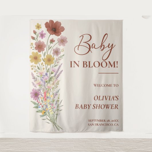 Wildflower Baby in Bloom Floral Boho Baby shower Wandkleed (Voorkant)