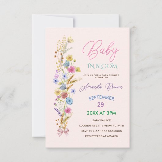 Wildflower Baby in Bloom Roze baby Girl Shower Kaart (Voorkant)