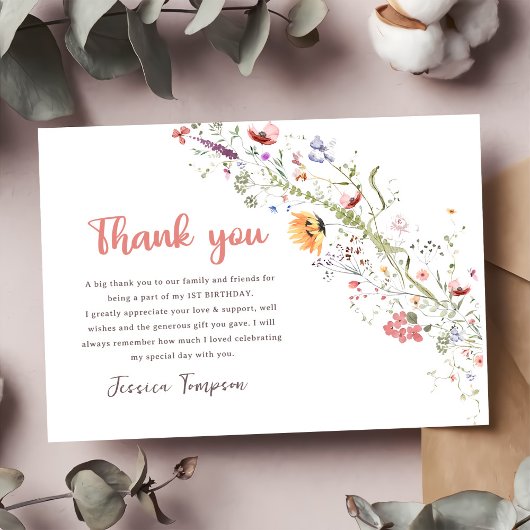 Wildflower Baby Meisje 1e Verjaardagsfeest Bedankkaart