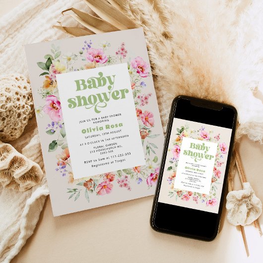 Wildflower baby meisje douche kaart