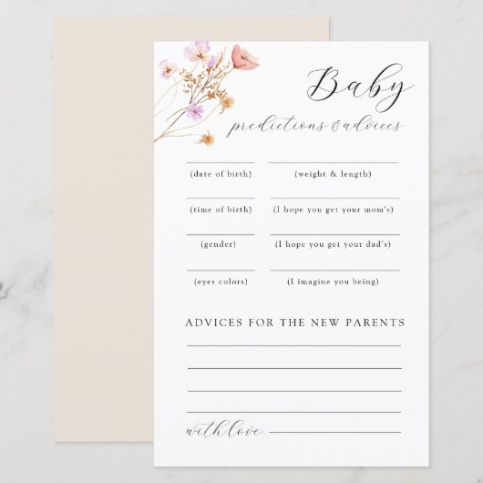 Wildflower Baby shower advies spel (Voorkant / Achterkant)