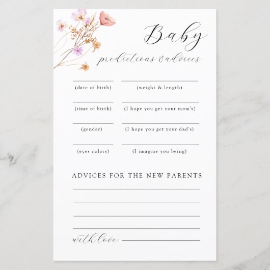 Wildflower Baby shower advies spel (Voorkant)