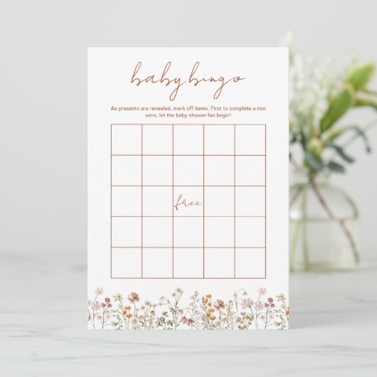 Wildflower Baby shower Bingo Boho Tuin Spel Kaart (Staand voorkant)