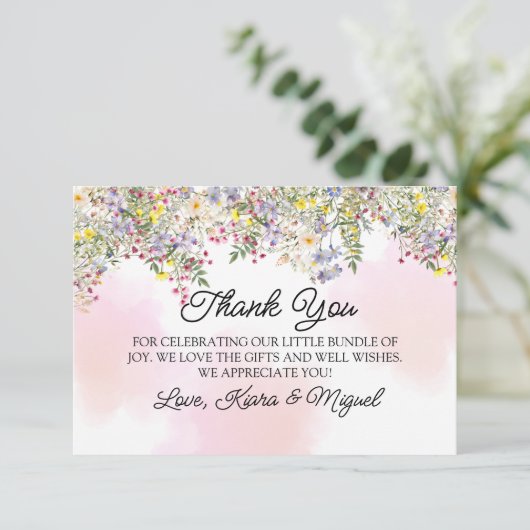 Wildflower Baby shower Flat Bedankt Card (Staand voorkant)