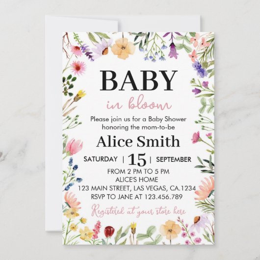 Wildflower Baby shower Invitation Baby in Bloom Kaart (Voorkant)