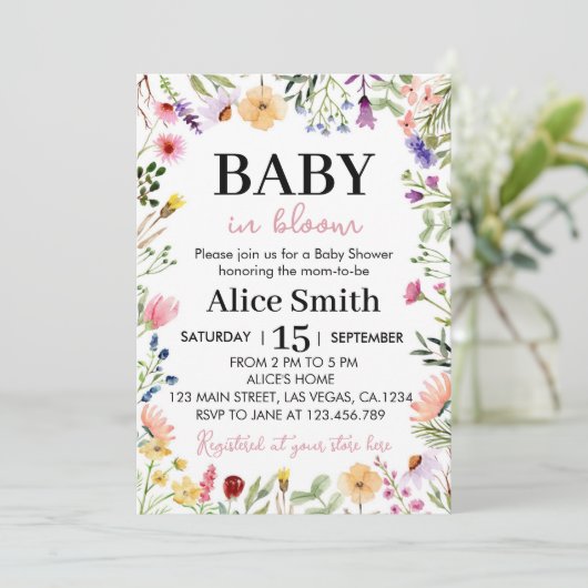 Wildflower Baby shower Invitation Baby in Bloom Kaart (Staand voorkant)