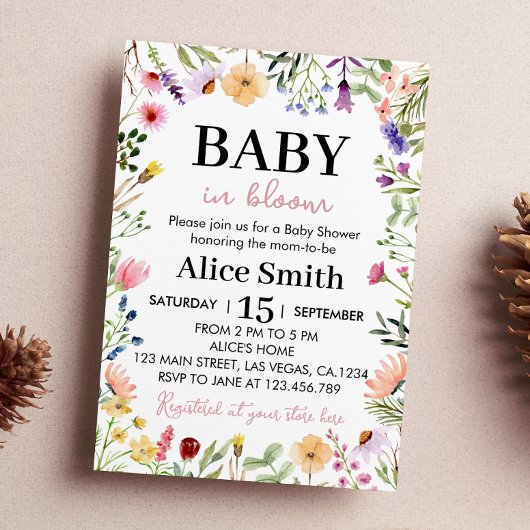 Wildflower Baby shower Invitation Baby in Bloom Kaart