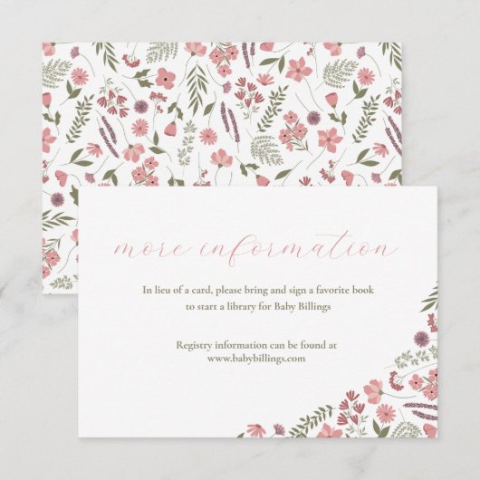 wildflower baby shower invitation insert - pink kaart (Voorkant / Achterkant)