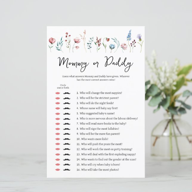 Wildflower Baby shower Mama of Pappa Spel (Staand voorkant)