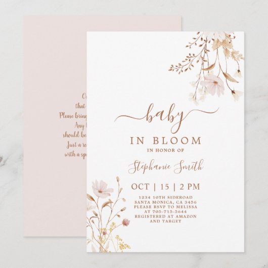 Wildflower Baby shower Meisje Uitnodiging (Voorkant / Achterkant)