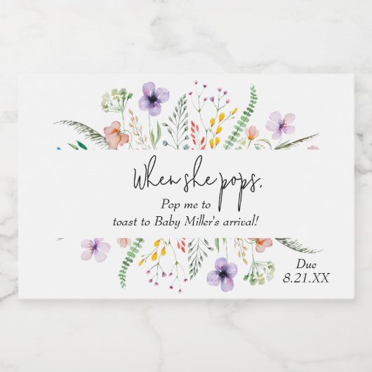 Wildflower Baby shower Mini Sparkling Wijnetiket (Enkel label)