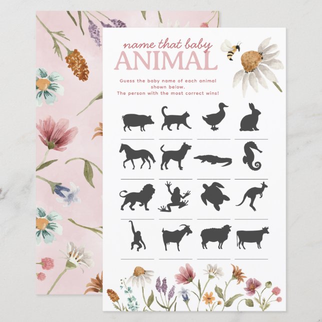 Wildflower Baby shower Naam het Baby Animal Game (Voorkant / Achterkant)