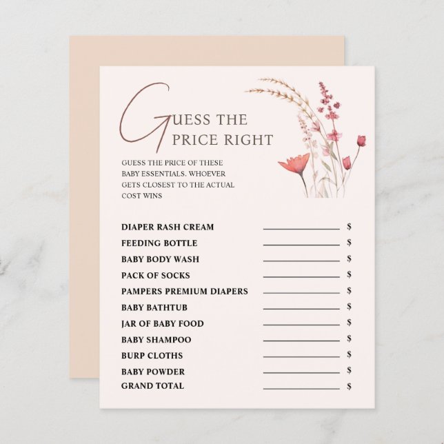 Wildflower Baby Shower Prijs Raden Juiste Spel (Voorkant / Achterkant)