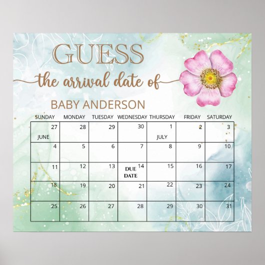 Wildflower Baby Shower Raad de Bevalling Datum Kal Poster (Voorkant)