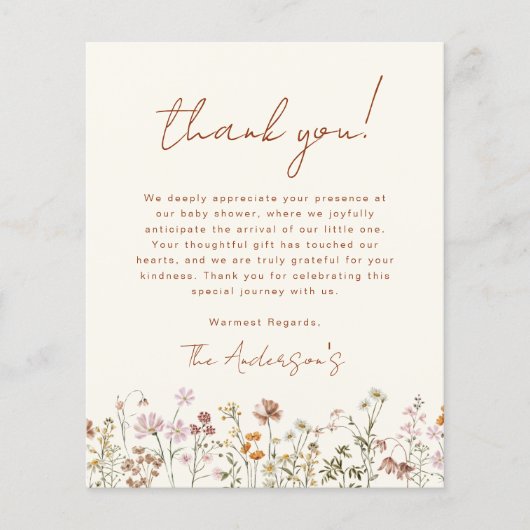 Wildflower Baby shower Terracotta bedankje Flyer (Voorkant)