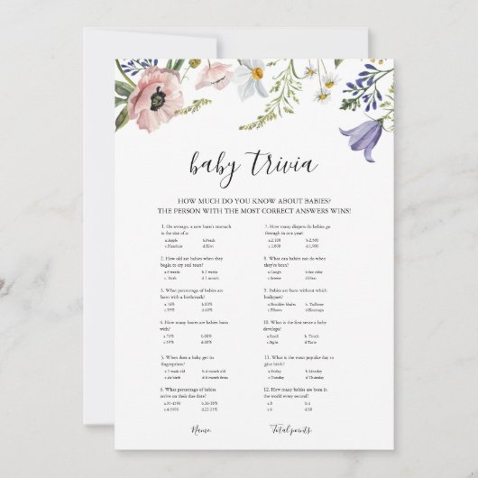 Wildflower Baby shower Trivia Game Kaart (Voorkant)