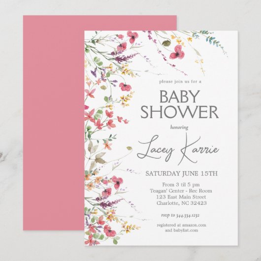 Wildflower Baby shower uitnodiging, Boho Floral Kaart (Voorkant / Achterkant)