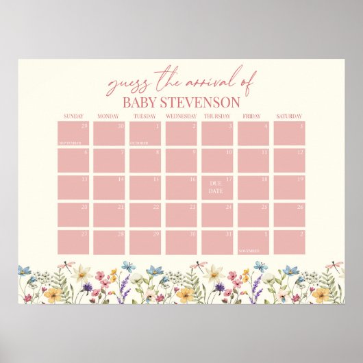 Wildflower Baby shower vervaldatum kalenderteken Poster (Voorkant)