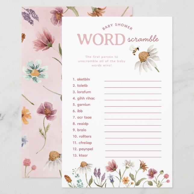 Wildflower Baby shower Word Scramble Game (Voorkant / Achterkant)