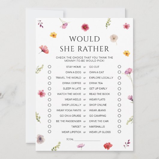 Wildflower Baby shower zou ze liever spel Kaart (Voorkant)
