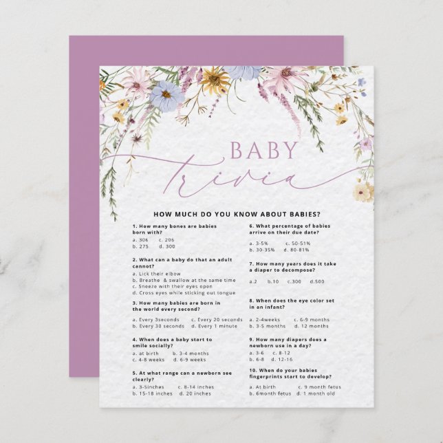 Wildflower Baby Trivia Baby shower Spel Kaart (Voorkant / Achterkant)