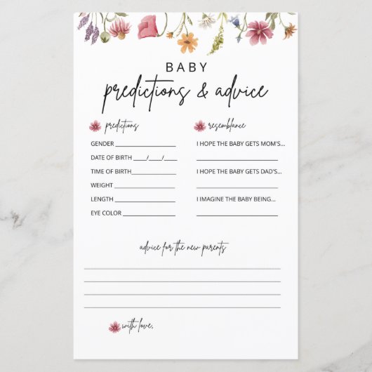 Wildflower-babyfeestje voorspellings- en advieskaa (Voorkant)