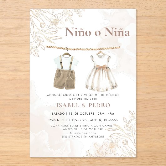 Wildflower Babykleding Spaans Geslacht Onthulling Acryl Uitnodigingen (Voorkant)